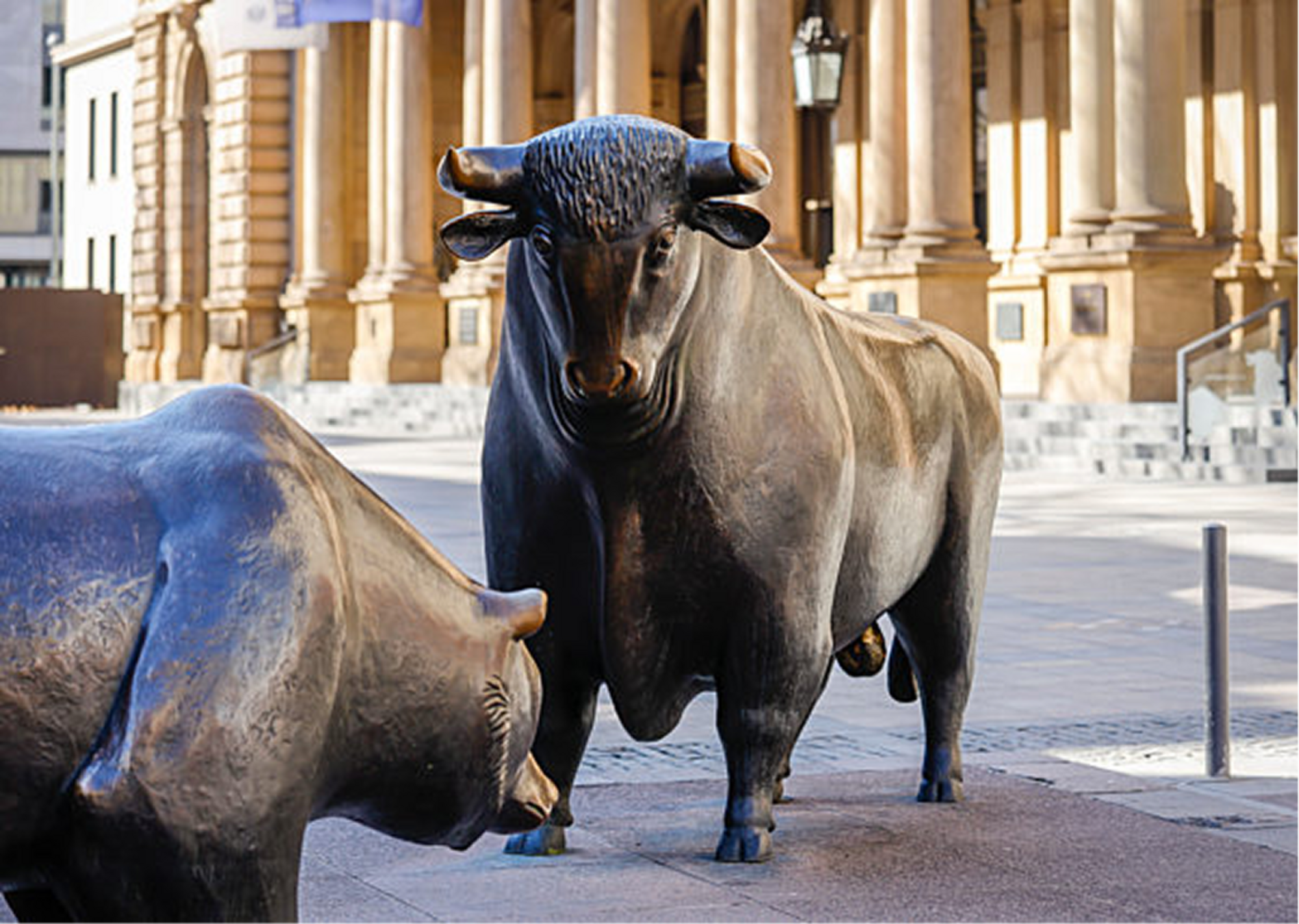 Bronze statues of bull and bear before the Frankfurt Stock Exchange.